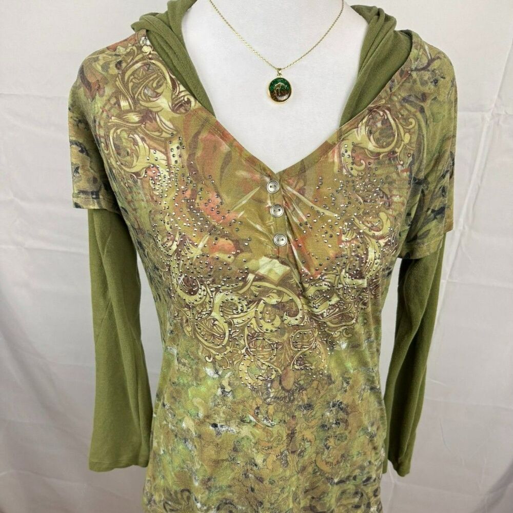 Y2K Live and Let Live Rhinestone Long Sleeve Hooded Shirt - XS/S